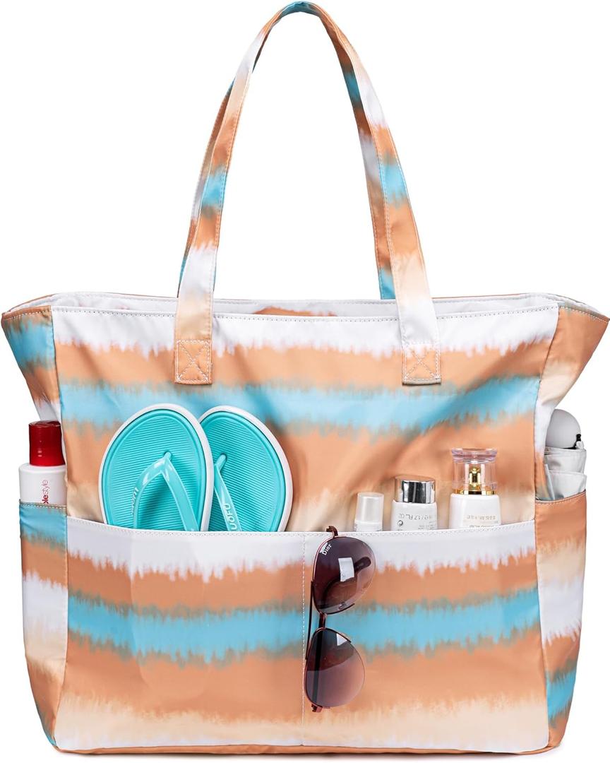 LEDAOU Beach Bag Waterproof Sandproof Women Tote Bag Pool Bag with Zipper for Gym Grocery Travel with Wet Pocket (Coffee Blue Tie Dye)