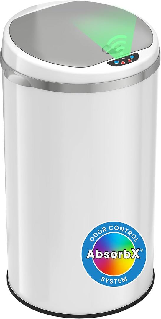 iTouchless 8 Gallon Trash Can with Odor Filter, White Stainless Steel Trashcan Round Garbage Bin for Home Office Work Bedroom Living Room Garage Large Capacity Slim Wastebasket