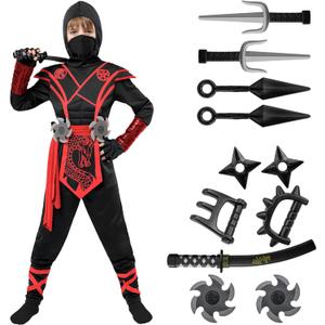 Spooktacular Creations Halloween Ninja Costume Kids, Ninja Dragon Jumpsuit Set, Boys Halloween Costume for DressUp Party (Small(5-7yrs), Black+red)