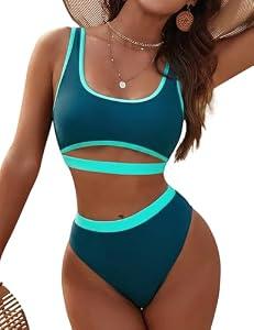 Blooming Jelly Women's High Waisted Bikini Sets Two Piece High Cut Bathing Suits Sporty Cut Out Crop Top Swimsuits (Large, Indigo)