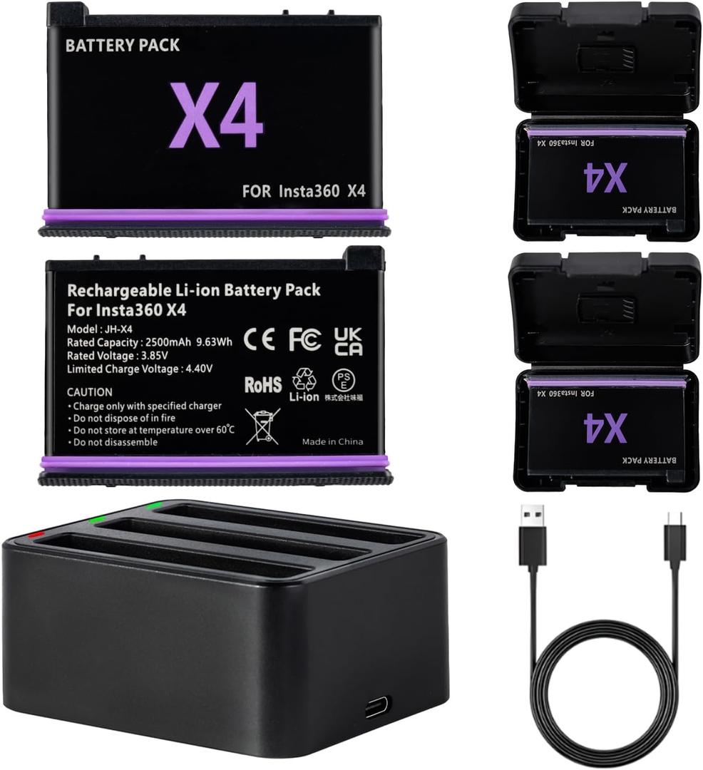 Fantasyo X4 Battery 2 Packs of 2500mAh + 1 Triple Channel Fast X4 Battery Charge Hub, X4 Replacement Battery with X4 Charging Cable & X4 Battery Charger, Only Compatible with Insta360 X4 Camera