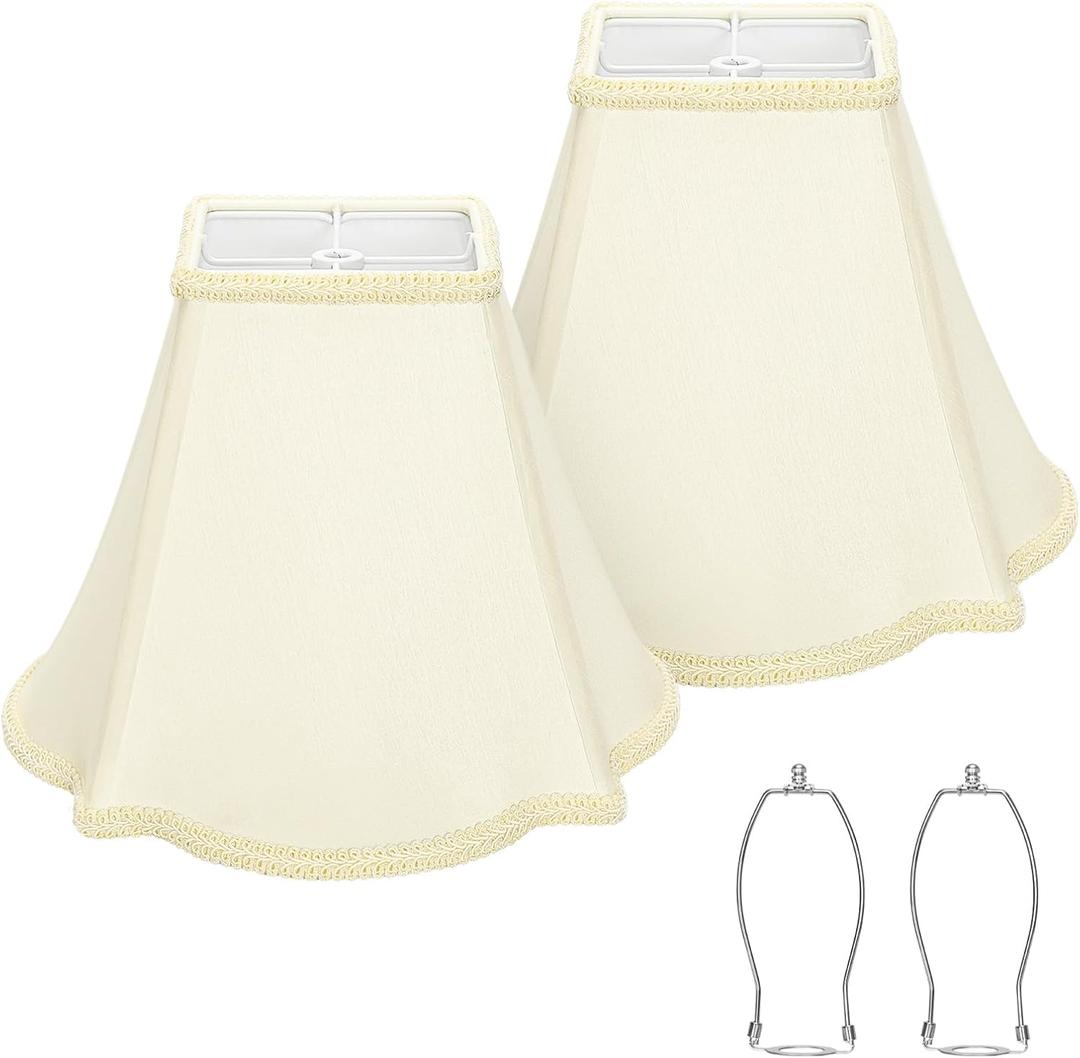 Bell Lamp Shades Set of 2, Cream Fancy Square Lamp Shade with Petal Edge Braid, 5.1" x 12.6" x 9.1" Lampshades for Table Lamps Floor Lamps, Spider, Harp Holders Included, Assembly Required