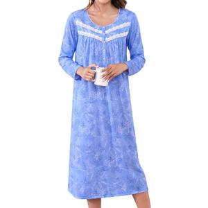 Long Cotton Nightgowns for Women Long Sleeve Night Gowns Women's Sleepwear Full Length Nightdress Soft Loungewear (X-Large, Blue Pattern)