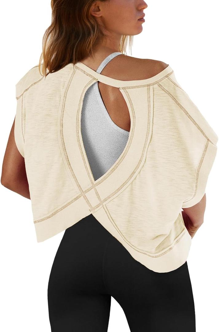 SENSERISE Womens Open Back Workout Tops Backless Short Sleeve Athletic Shirt Running Crop Top Gym Yoga Tee (Large, Beige)