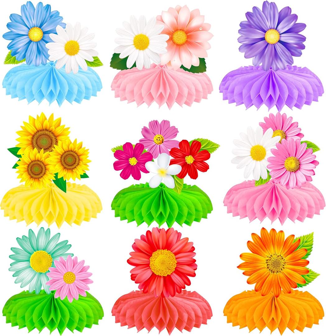9Pcs Colorful Flower Honeycomb Centerpieces Summer Floral Party Centerpieces Sunflower Daisy Table Decorations for Summer, Spring, Baby Shower & Birthday Party