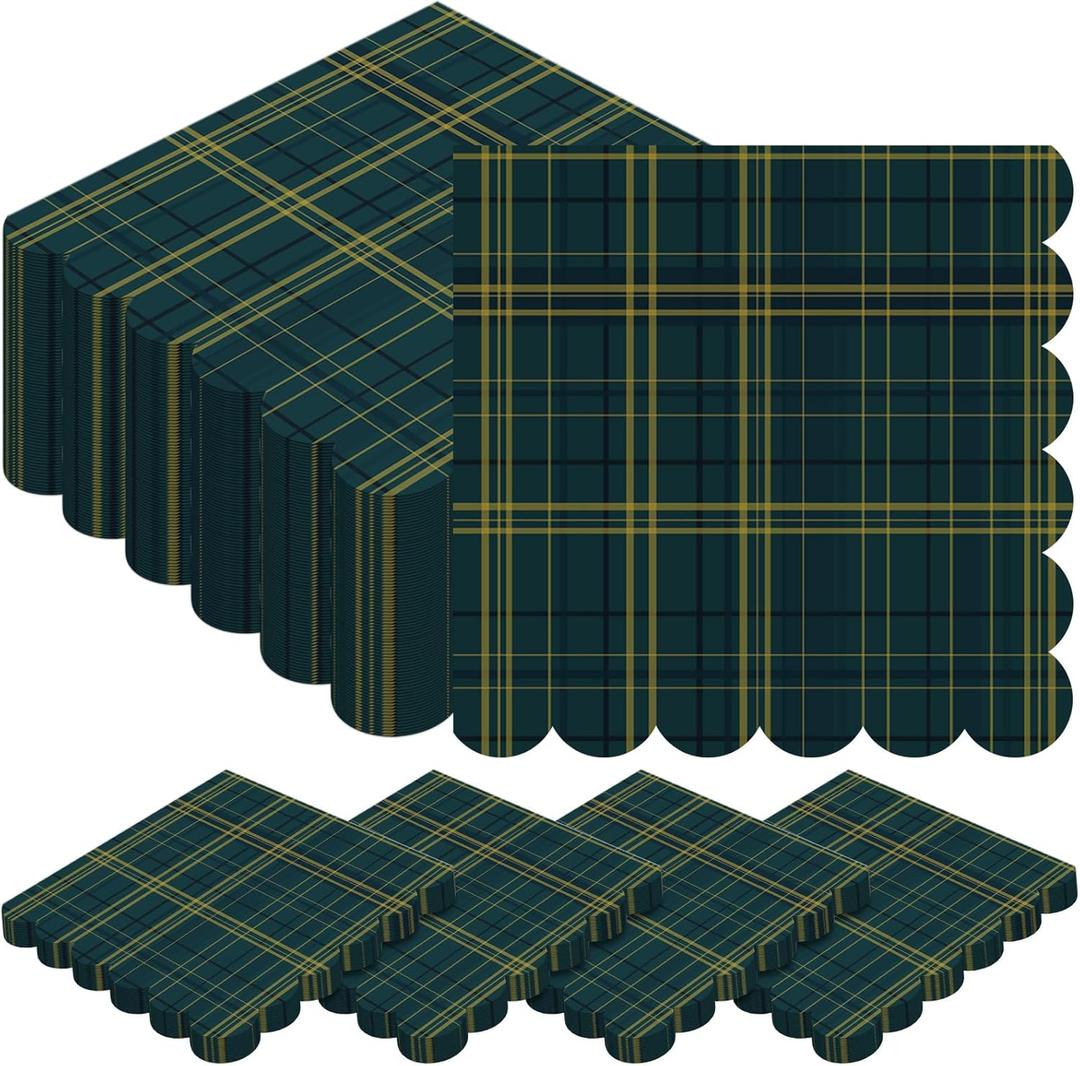 Gersoniel 50 Pcs Blue and Green Tartan Plaid Bear Baby Shower Napkins Bulk Vintage Scalloped Edges Baby Shower Disposable Paper Napkins for Neutral Gender Reveal Birthday Wedding Party Supplies