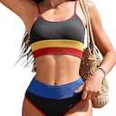 AI'MAGE Women's High Waisted Bikini Sets Two Piece Tummy Control Swimsuits 2025 Color Block Sporty Ribbed Bathing Suits, Black Blue, XL