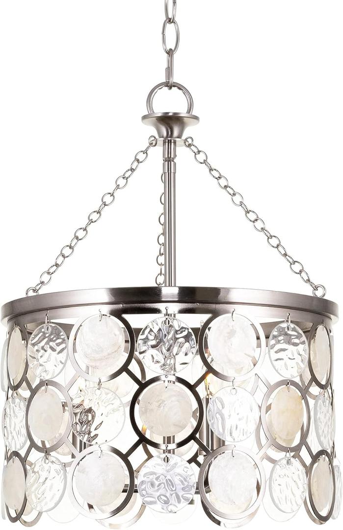 Kira Home Estelle 18" Modern Chic 3-Light Crystal Pendant Chandelier, Wavy Glass + Capiz Shell Accents, Brushed Nickel Finish