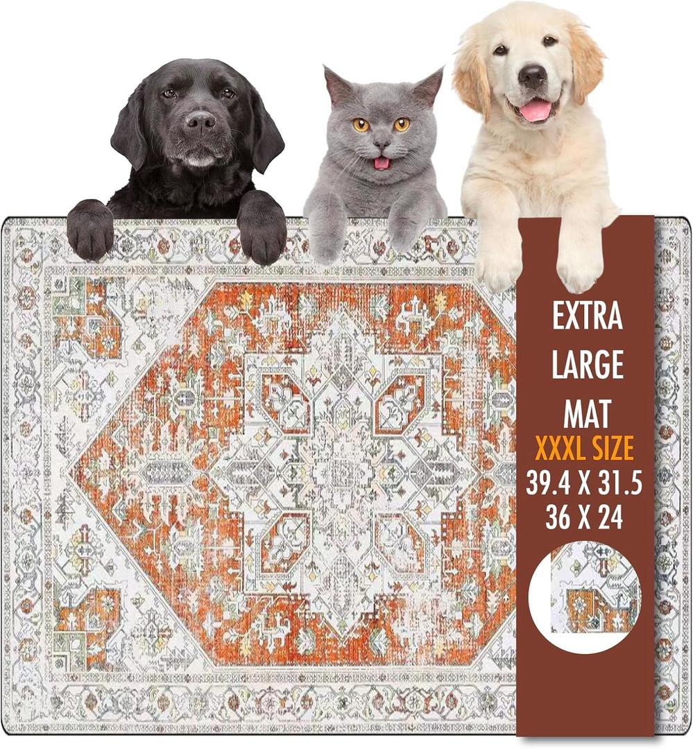 Dog Food Mat, 36" x 24" Extra Large Absorbent Dog Mat for Food and Water, Non Skid Cat Bowl Mat, No Stains Quick Dry for Pet Water Dispenser Pet Supplies for Messy Drinkers (Bohemia red)