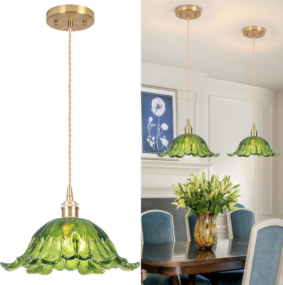 Vintage Pendant Light,Green Glass Light Fixtures,11 inch E26 Flower Pendant Lights Adjustable Hanging Light for Bedroom Hotel Dining Room 1 Pack