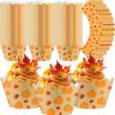 Domensi 100 Pcs Fall Pumpkin Maple Leaf Cupcake Wrappers Rustic Cupcake Thanksgiving Baking Cups for Autumn Wedding Bridal Baby Shower Birthday Party Supplies Dessert Decoration (Orange)