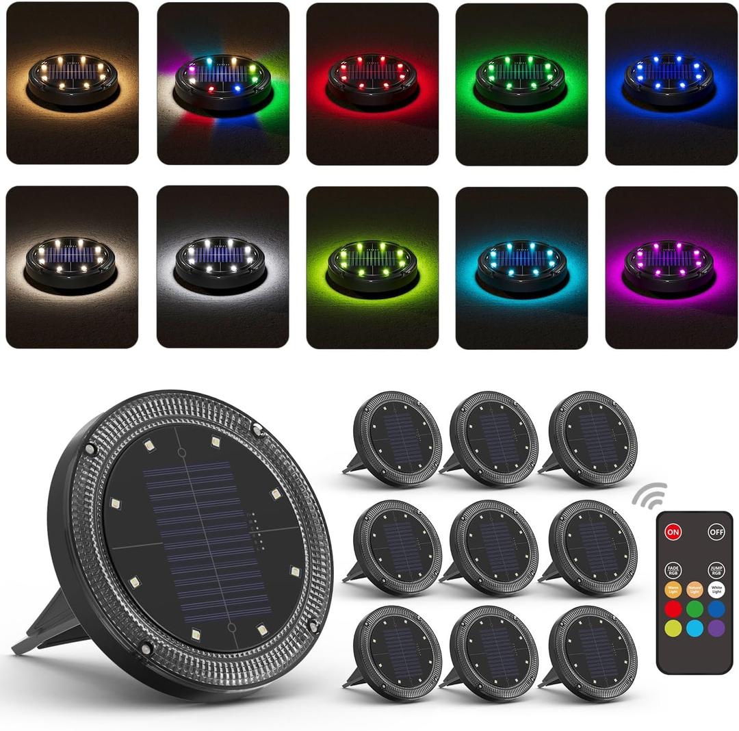 Color Changing Solar Ground Lights with 33ft Long Distance Remote Control - Flat Solar Lights Outdoor Waterproof - Pathway Lights Solar Powered for Yard Decorative Outside Lawn Walkway [10 Pack]