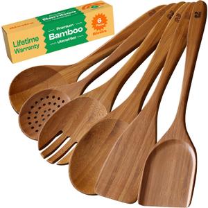 Riveira Brown Bamboo Wooden Cooking Utensils Set of 6 Premium Quality, Non-Toxic, Heat-Resistant Wooden Spoons and Spatula for All Cookware