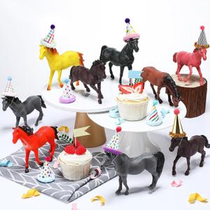 18 Pcs Horse Birthday Party Decorations Mini Birthday Hat Animal Figure Model Cake Toppers with Mini Hat for Birthday Party, Animals Themed Party