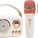 Retro Bluetooth Karaoke Speaker with Dual Wireless Microphones - Portable Rechargeable 1200mAh Battery, 10W HD Sound & 6 Voice Modes for Home Parties, Kids Gifts, Travel, Car Singing(White)