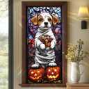 Halloween Mummy Dog Window Film 17.71x39.97 Inch Cute Puppy Glass Decal with Candy Basket and Pumpkins Static Cling Window Sticker for Halloween Decorations Home Office Party Glass Door