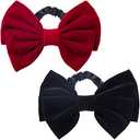 PAGOW 2Pcs Velvet Scrunchies Hair Elastic, Large Bowknot Velvet Hair Ties, Black Red Hair Satin Bow Ties Hair Ponytail Holders Accessories for Girls Women Ladies, Set of 3
