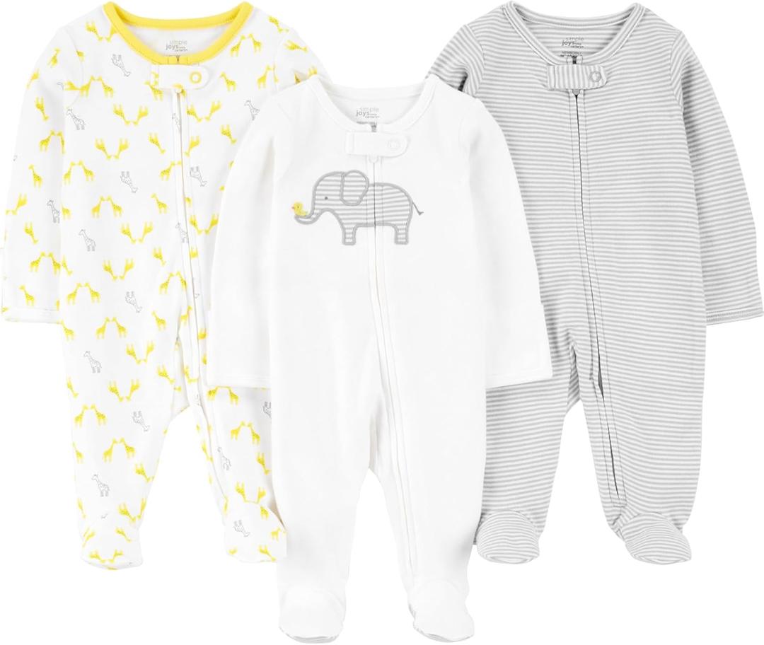 Simple Joys by Carter's 3-pack Sleep and Play (Newborn, Light Grey Mini Stripe/White Elephant/Giraffe)