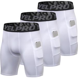 Men's Athletic Compression Shorts Spandex Running Workout Underwear Tight Shorts with Pockets Active Base Layer (White-3pc)
