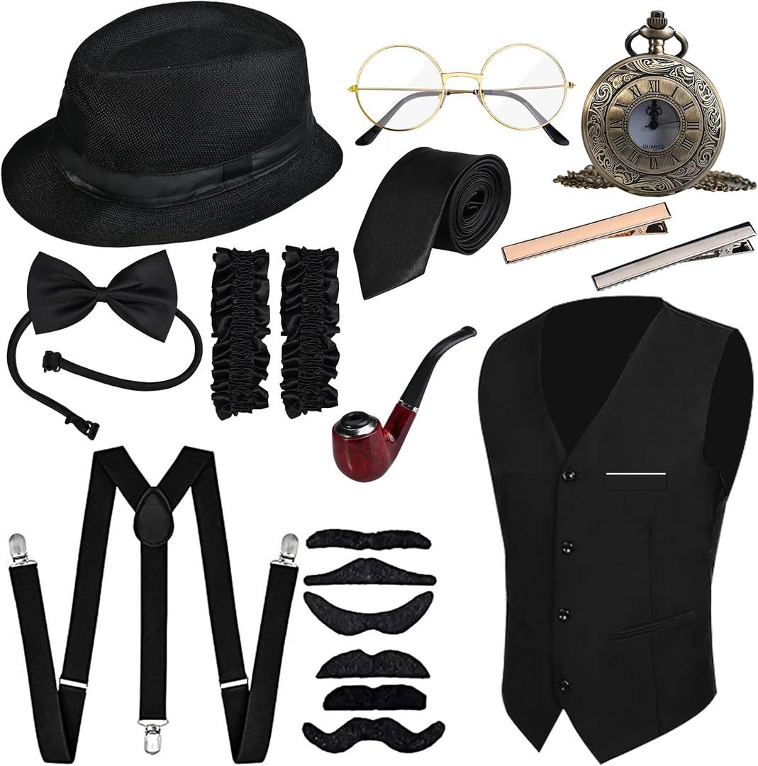 GOLDGE Gatsby-inspired 1920s Men's Costume Set with Gangster Vest, Pocket Watch, Hat, Suspenders Accessories for Halloween Cosplay or Retro Parties