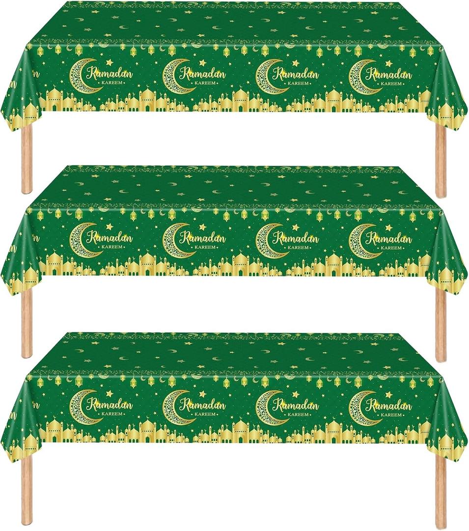 Qpout 3 Pack Ramadan Decorations Ramadan Table Cloth, Green and Gold Ramadan Kareem Table Cover, 54x108 Inch Ramadan Tablecloth, Ramadan Mubarak Table Decorations Eid Decorations, Plastic Disposable
