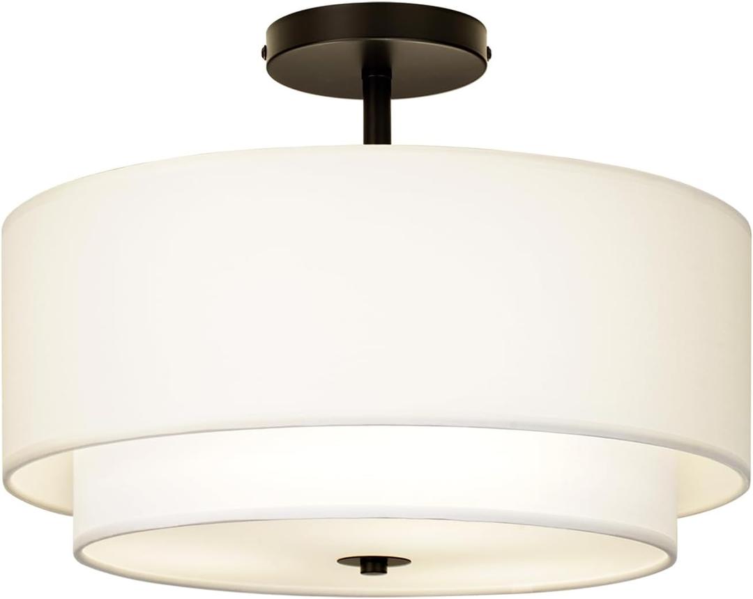 16" Dual Drum 3-Light Semi Flush Mount Ceiling Light, White Classic Fabric Linen Shade Design for Living Room, Bedroom, Kitchen, Dining Room, Hallway and Entryway (Black)