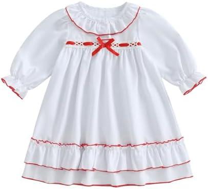 Multitrust Toddler Girls Christmas Nightgowns Pajamas Dress with Red Ribbon Bow Ruffle Long Princess Nightdress Pjs Dresses 4-5Y