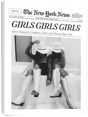 Aroutde Framed Coastal Cowgirl Canvas Wall Decor, Black and White Newspaper Girls Print Aesthetic New York News Wall Art, Girls Just Wanna Have Fun For Girl Living Room Bedroom Decor 12x16 Inch