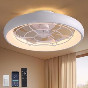 Ceiling Fans with Lights, Low Profile Flush Mount Ceiling Fans with LED Lights and Remote, Modern Ceiling Fans with 6 Wind Speeds Dimmable for Bedroom Living Room Kitchen 20" (White)
