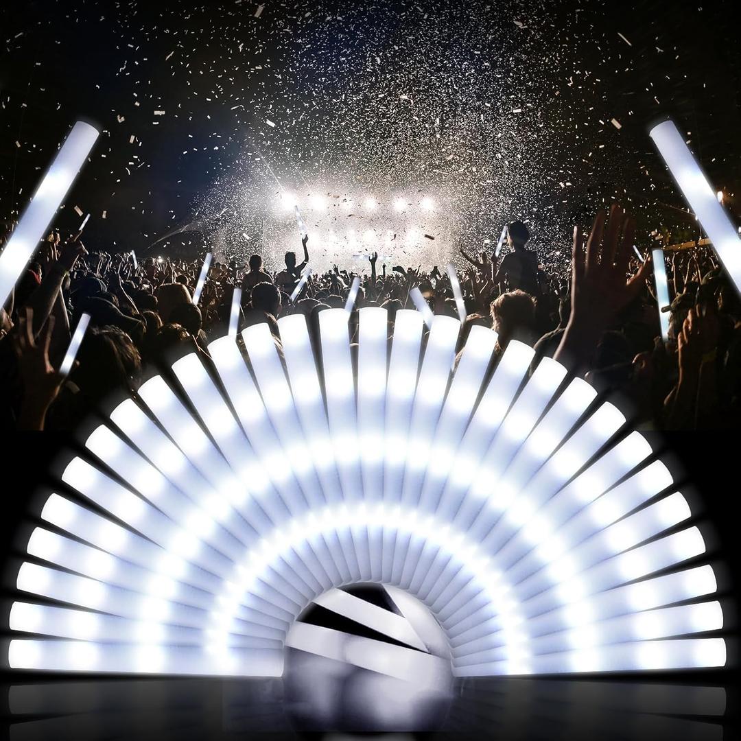 LED Foam Glow Sticks, Bulk Glow Sticks, LED Light Sticks, Flashing Light-Up Sticks for Concerts, Weddings, Raves, Carnivals, Halloween, Birthdays (White-100pcs)