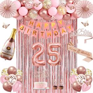 25th Birthday Decorations for Women, Rose Gold 25th Birthday Decorations for Her, 25 Sash and Crown, Banner, Fringe Curtains, Hanging Paper Fans, 25 Year Old Party Supplies Set