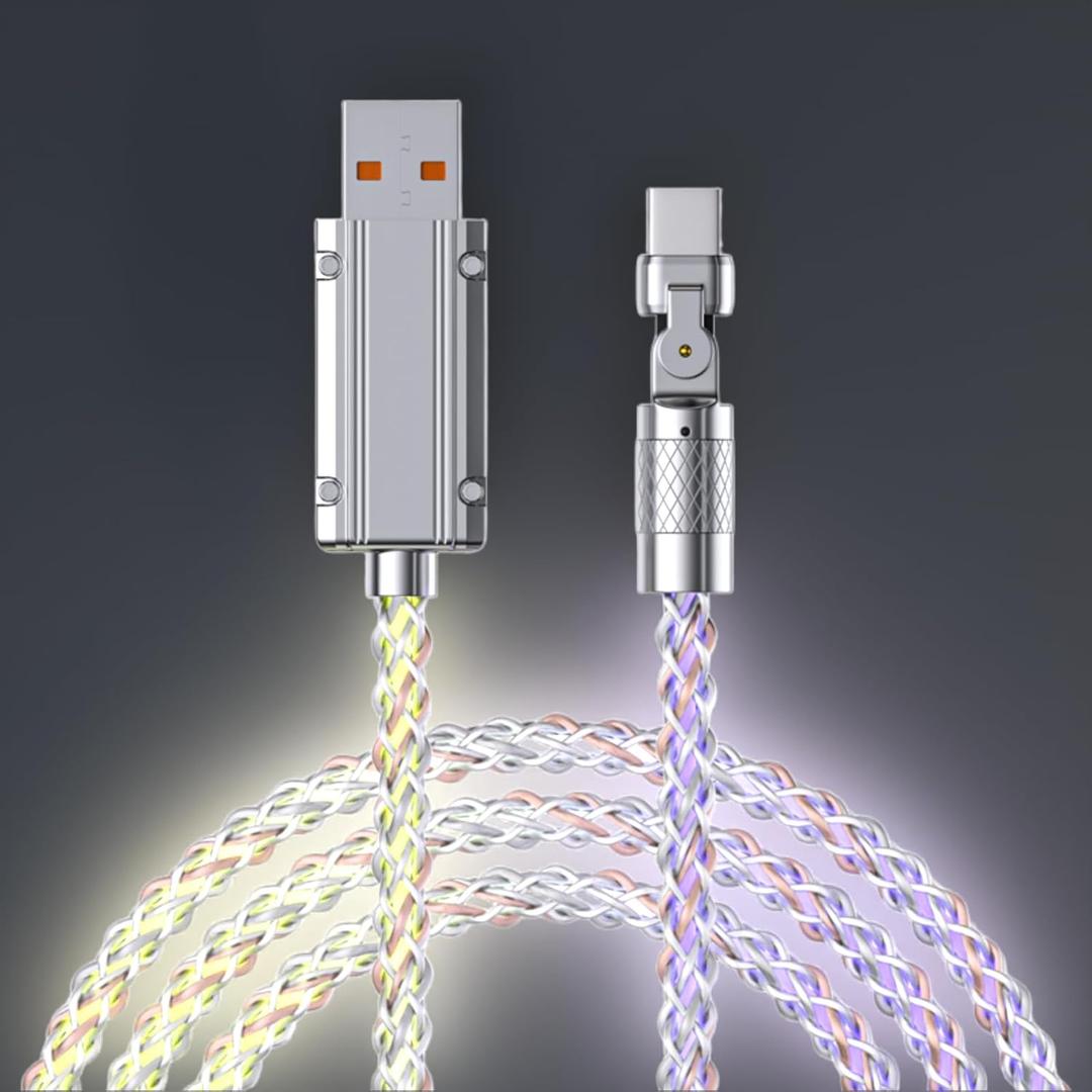 USB A to Type C Light Up Charging Cable,180 RGB Flowing Colorful Gradual,6A Fast Charger Cord for iPhone 17/16/16Pro/16Plus/16ProMax,MacBook Air,iPad Pro,Pixel,Samsung Galaxy S23/S24 (3.3FT)