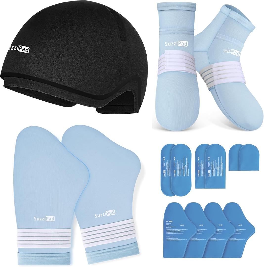 Suzzipad Cold Therapy Socks and Hand Ice Pack, Cooling Gloves for Chemotherapy, Stress Relief Caps, Ideal for Carpal, Chemo Care Package for Women & Men, S/M