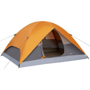 Amazon Basics Dome Camping Tent with Easy Setup for Hiking and Backpacking, Portable Two-Person, Rainfly and Carry Bag, Orange and Grey, 2 Person