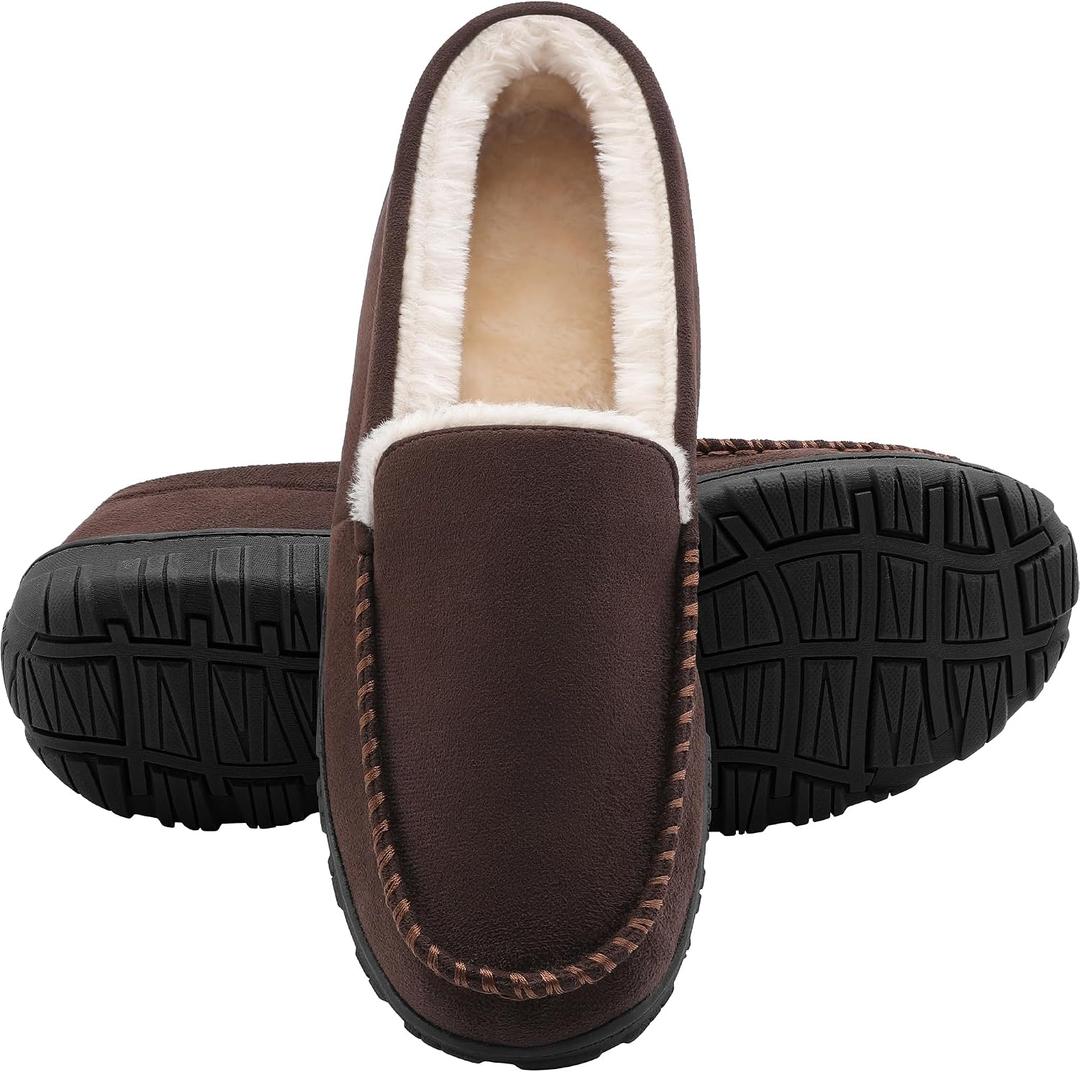 shoeslocker Mens Outdoor Slippers Moccasins for Men Warm Indoor Outdoor Brown Size 10