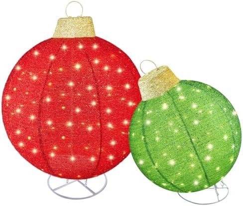HOYECHI 2pc Lighted Pop-Up Outdoor Christmas Ornament Set – Holiday Ball Decorations with 200 LED Lights, 8 Lighting Modes, for Yard & Outdoor Christmas Decor - Red/Green