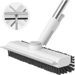Floor Scrub Brush with Long Handle, 3 in 1 Scrape and Heavy-Duty Stiff Bristle Scrubber Brush for Cleaning Shower Bathroom, Patio, Pool, Garage, Kitchen, Wall and Deck (White, 1 Pack)