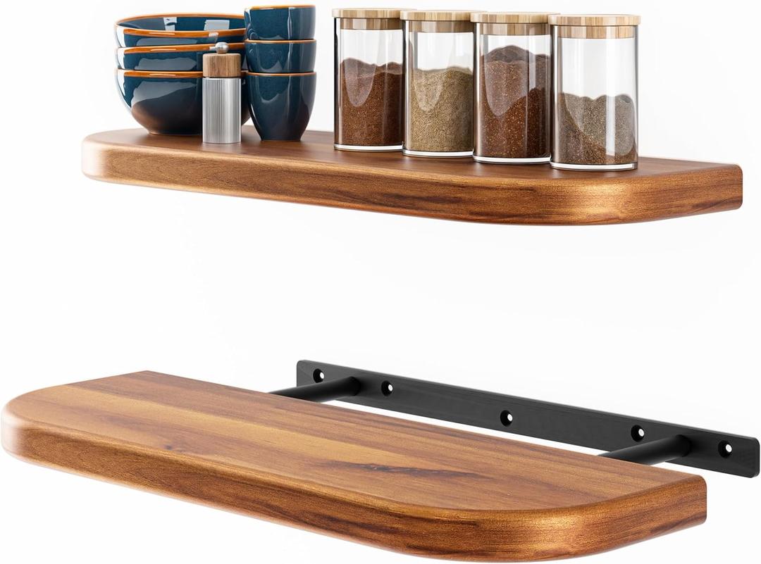 BATODA 17" Acacia Wood Floating Shelves Wall Mounted (Round Edge)  Rustic Farmhouse Wooden Wall Storage Shelf for Bedroom, Kitchen - Brackets and Shelving Hardware Included (Acacia, 17 Inch Length)