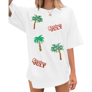 Christmas in July Shirt Women Oversized Christmas Hawaiian Shirts Xmas Palm Tree Tshirt Hawaii Summer Beach Vacation Tops (Medium, White)