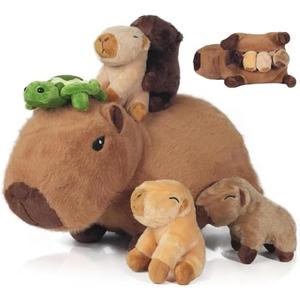 Youthfuljive 5 in 1 Capybara Plush Large Capybara Stuffed Animal with Babies, 14.2" Mommy Stuffed Capybara Plushies Pillow with 4 Baby Capibaras Peluches Capybara Toys for Kids Birthday Decor