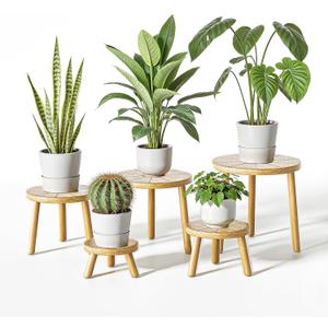 Delma Wood Plant Stands Indoor, 5-Pack Single Plant Stand for 6-12 Inch Pots, Mid-Century Modern Plant Stool, Tall Plant Stand for Large Plants for Living Room, Balcony, Office (Light Brown, 5-Pack)
