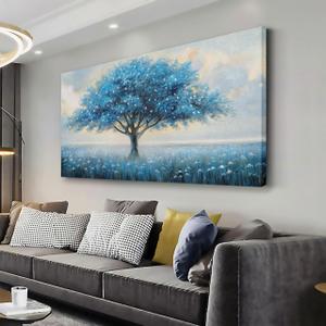 Glvzygy Blue Tree of Life Wall Art Abstract Modern Artwork Canvas Painting Textured Tree Pictures Wall Decor Home Decor Wall Ready to Hang for Bedroom Living Room Size 29"x58"