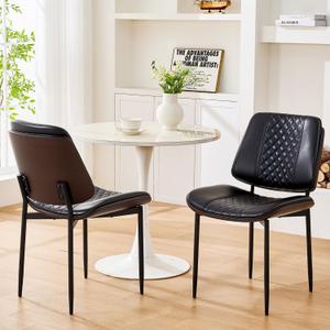 Dining Chairs Set of 2, Upholstered PU Leather Armless Chair, Mid Century Modern Dining Room Chairs, Retro Walnut Bentwood Kitchen Chair with Metal Legs and Adjustable Feet, Black