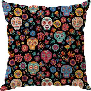 Dia De Los Muertos Pillow Cover Sugar Skull Colorful Flowers Day of The Dead Mexican Throw Pillow Case Decorations for Farmhouse Home Bedroom Sofa Couch Outdoor Holiday Decor 16x16 Inch