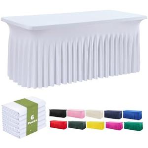 leegleri 6 Pack White Spandex Fitted Table Clothes for 8 Foot Rectangle Tables, Wrinkle Free 8ft Fitted Table Cover, Spandex Table Skirt for 8FT Rectangle Tables-for Banquet Weddings Parties