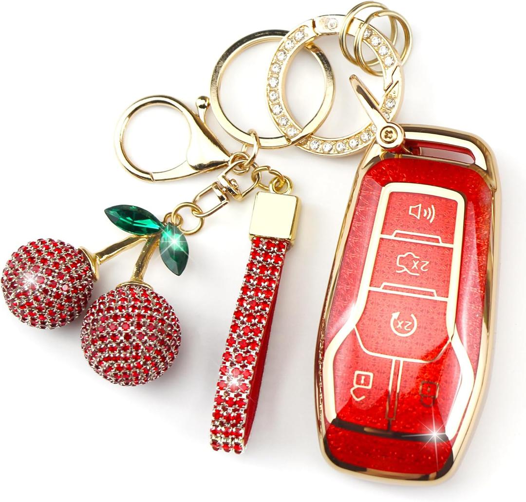 Sparkly Key Fob Cover with Cherry Keychain, Bling TPU Smart Key Case for Women, Compatible with Ford Fusion (Mondeo) Mustang F150 Edge Explorer,Lincoln MKZ MKC MKX (5-Button, Gold Red)