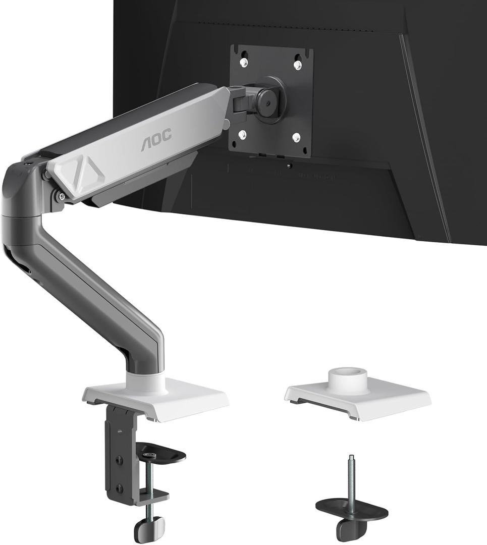 AOC Monitor Mount, Adjustable Single Monitor Arm for 1732 Inch Screens, Fits 4.419.8lbs, Cable Management, VESA 75x75/100x100, C-Clamp & Grommet Base (Grayish white)