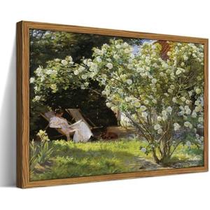 Framed French Country Wall Art, Romantic Secret Garden Picture Wall Decor Painting, Rustic Cottagecore White Roses Landscape Canvas Prints for Bathroom Living Room Office Home Decor-16×24inch