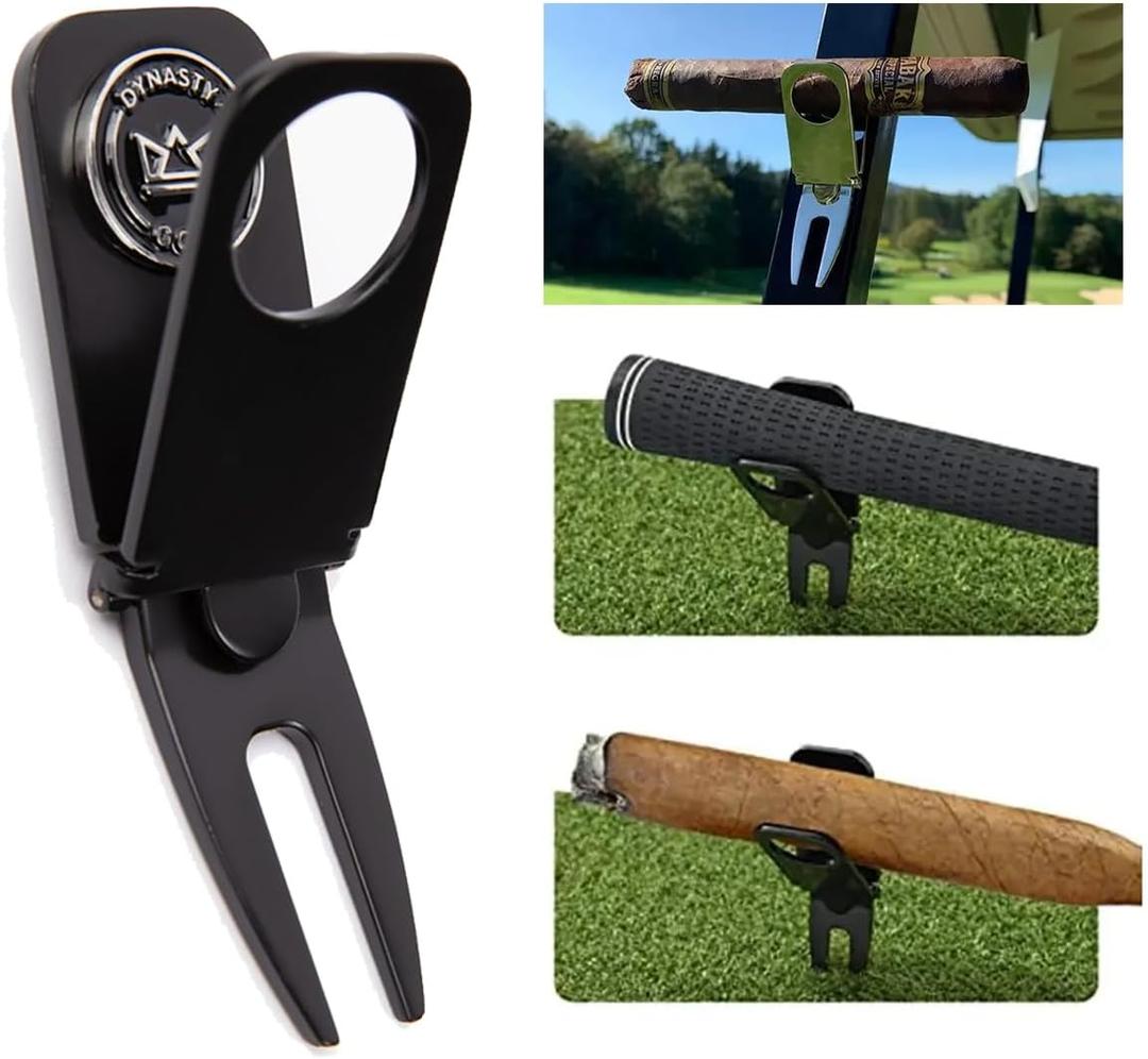 Golf Cigar Holder Golf Cart - Magnetic Golf Cart Cigar Holder Clip Keeps Your Cigar Safe - 6 in 1 Golf Divot Tool and Ball Marker - Cigar Clamp Golf Cart (Black)