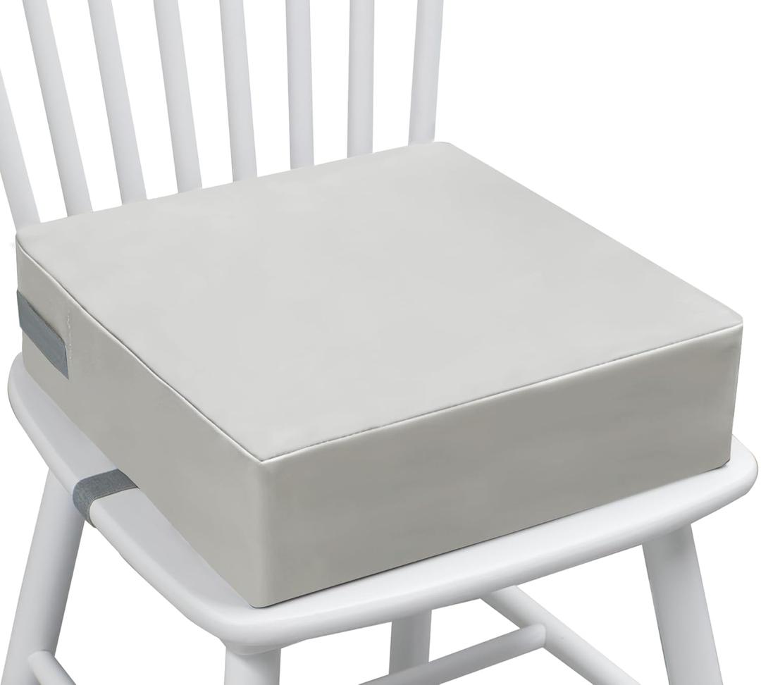 Toddler Booster Seat Dining Table Kitchen Chair, Waterproof Anti-Scratch PU Cushion, Non-Slip Bottom, Adjustable Buckle Straps, Easy Clean Portable Seat Cushion (Light Gray)